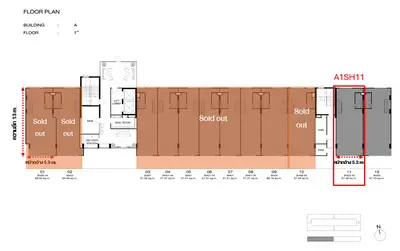 First floor plan layout with sold-out units and available unit A1SH11 highlighted.