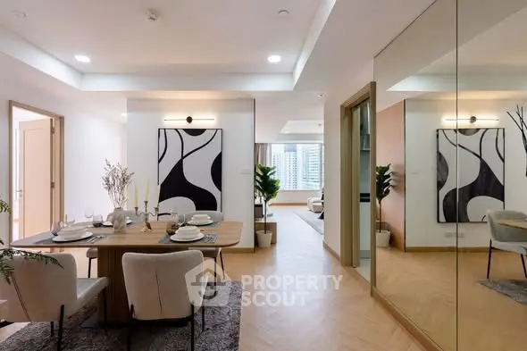 Modern dining area with elegant decor and city view in luxury apartment