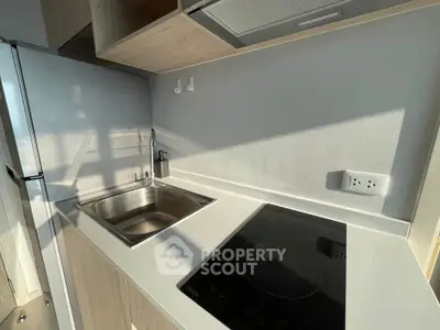Modern kitchen with sleek induction cooktop and stainless steel sink, perfect for contemporary living.