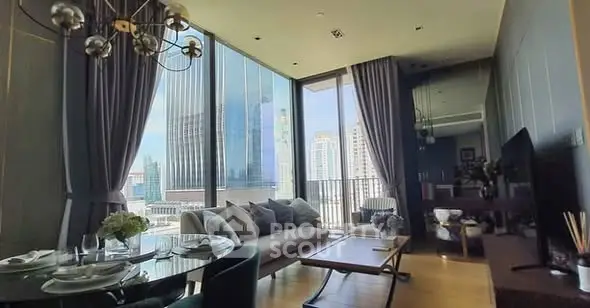 Luxurious high-rise living room with stunning city views and elegant decor.