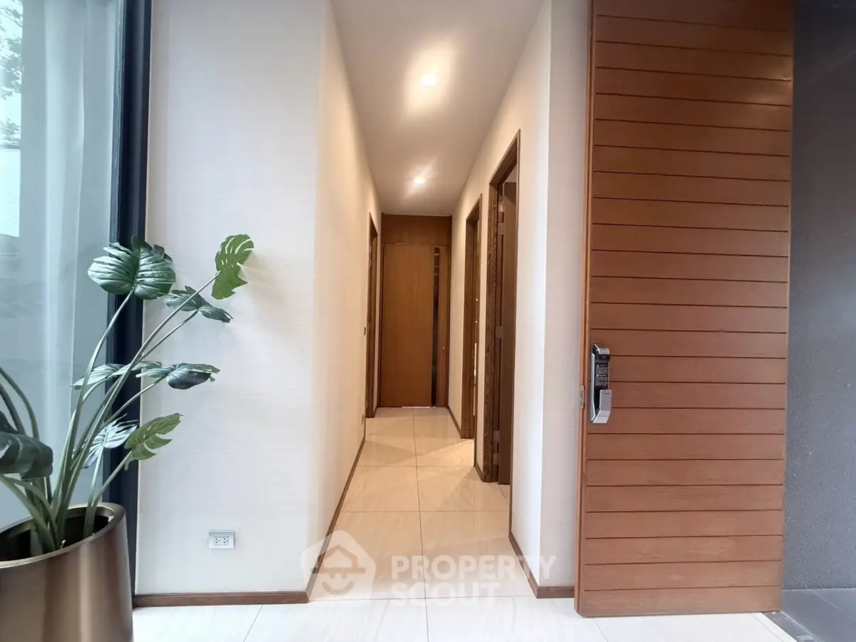 Modern hallway with wooden doors and stylish plant decor in a contemporary home.