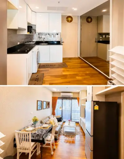 Modern open-layout kitchen and cozy living room with stylish decor and wooden flooring.