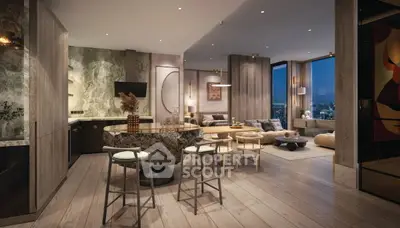 Luxurious open-plan living room with modern kitchen and stunning city view.