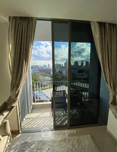 Stunning balcony view from modern apartment with city skyline