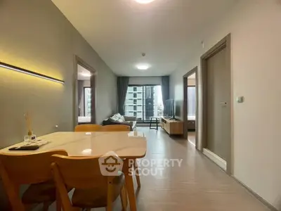 Modern apartment interior with open layout and stylish furniture