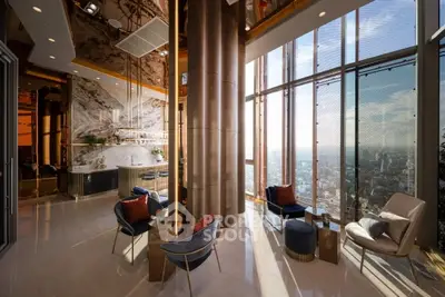 Luxurious high-rise living room with panoramic city views and elegant modern decor.