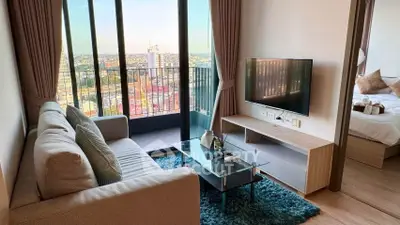 Modern living room with balcony view in stylish apartment