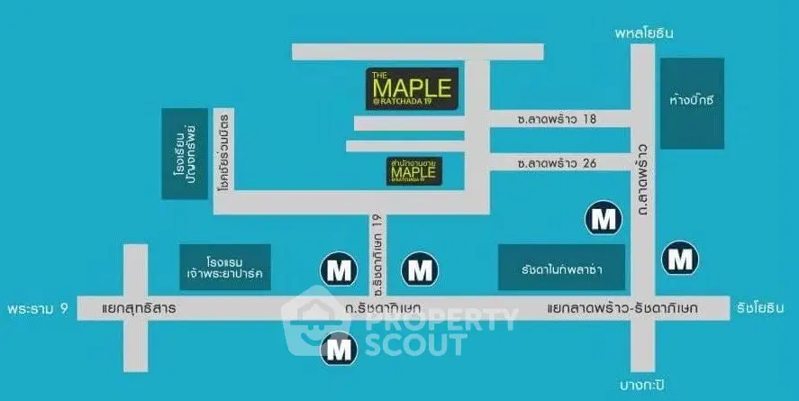 Map showing location of The Maple at Ratchada 19 near metro stations.