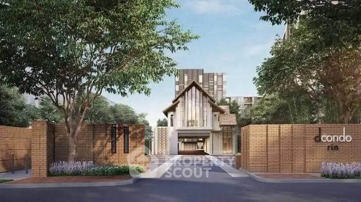 Modern condo entrance with lush greenery and elegant architecture
