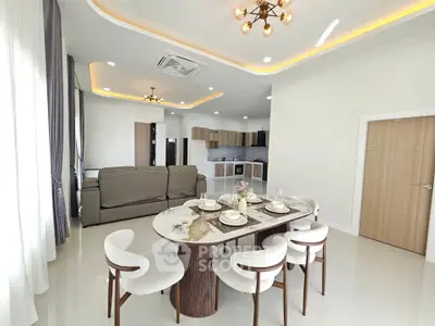 Spacious modern living room with elegant dining area and open kitchen layout, featuring stylish lighting and neutral tones.