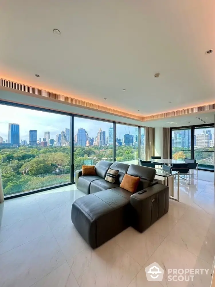 Luxurious living room with panoramic city view and modern furnishings