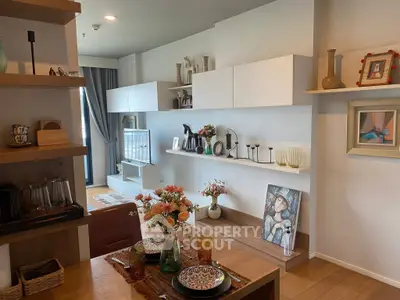 Chic and cozy living room with modern decor and open shelving