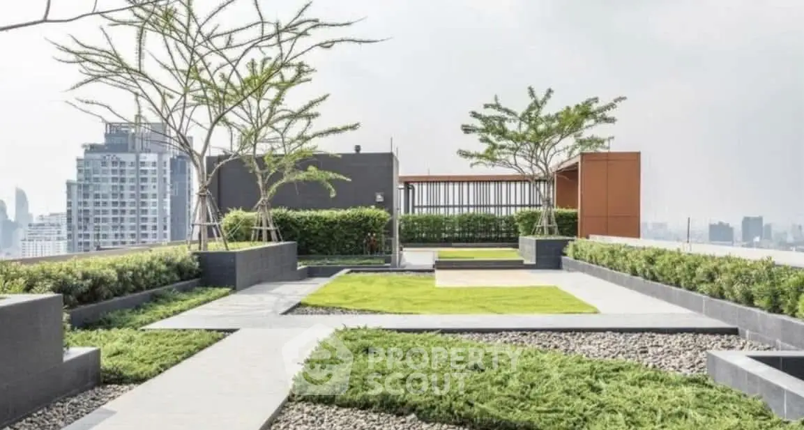 Stunning rooftop garden with city skyline views and modern landscaping.