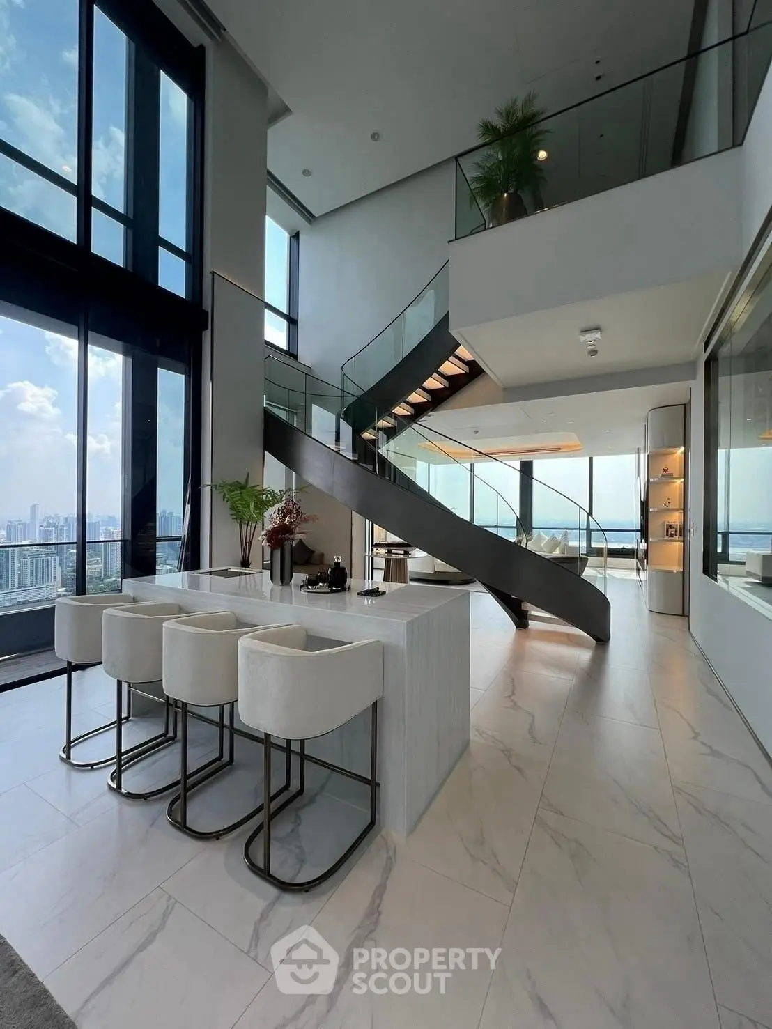 Luxurious modern living room with high ceilings and stunning city view