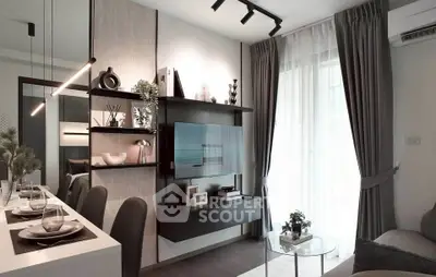 Modern living room with sleek decor and natural light, featuring stylish shelving and elegant dining setup.