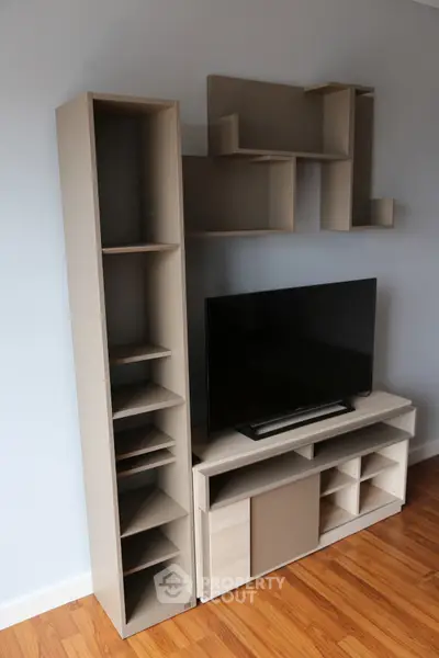 Modern living room with sleek TV stand and shelving unit on wooden floor