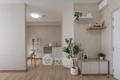 Modern minimalist living room with wooden flooring and stylish decor