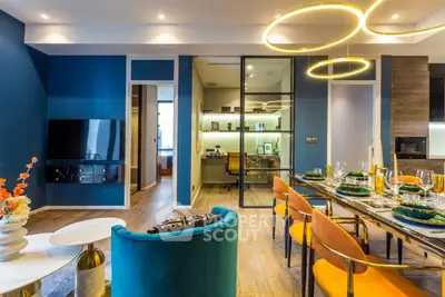 Luxurious modern living room with stylish dining area and vibrant decor