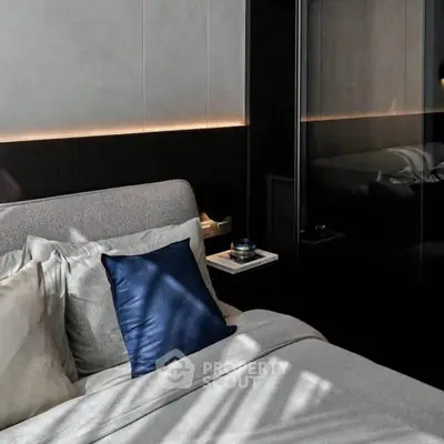 Modern bedroom with sleek design and ambient lighting, featuring a cozy bed and stylish decor.