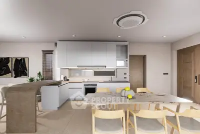 Modern kitchen with open layout and stylish dining area featuring sleek cabinetry and contemporary design.
