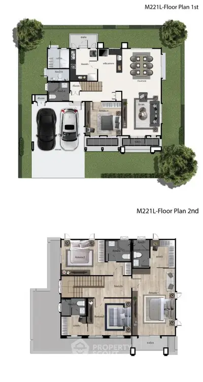 Modern two-story house floor plan with spacious living areas and bedrooms, featuring a garage and landscaped garden.
