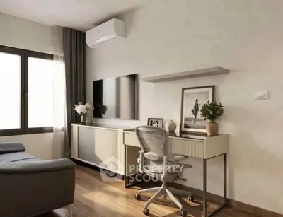 Modern study room with sleek desk, ergonomic chair, and wall-mounted TV in a bright, airy space.