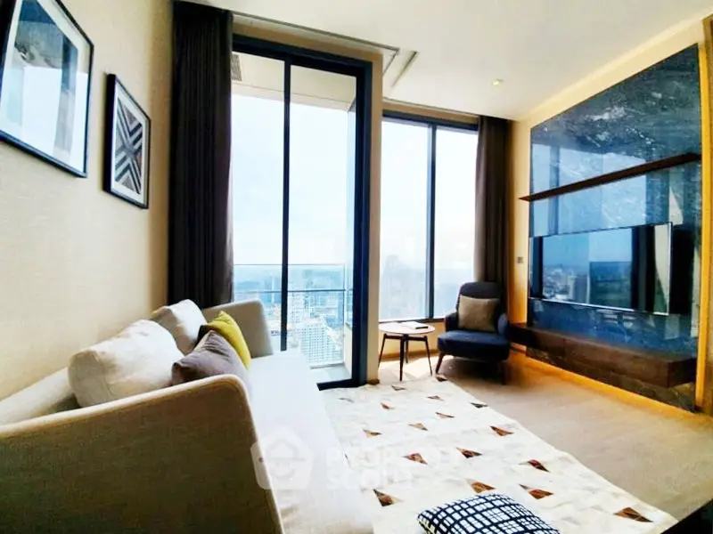 Modern living room with floor-to-ceiling windows and city view, featuring stylish decor and comfortable seating.