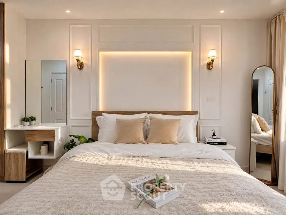 Luxurious bedroom with elegant decor and cozy lighting, featuring a plush bed and stylish furnishings.