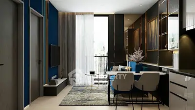 Modern living room with stylish decor and city view, featuring sleek furniture and elegant design.