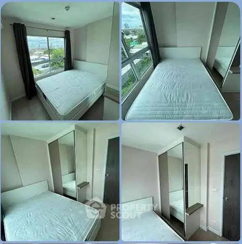 Modern bedroom with large windows and mirrored wardrobe, offering ample natural light and storage space.