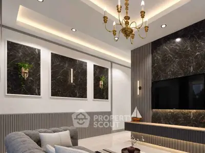 Luxurious modern living room with elegant chandelier and marble accents