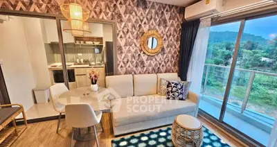 Stylish living room with modern decor and scenic balcony view