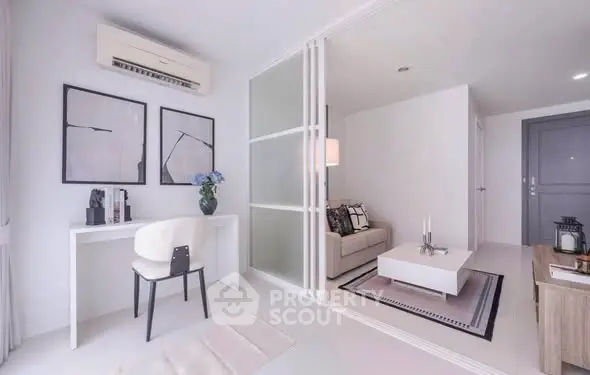 Modern living room with stylish decor and air conditioning in a bright apartment.
