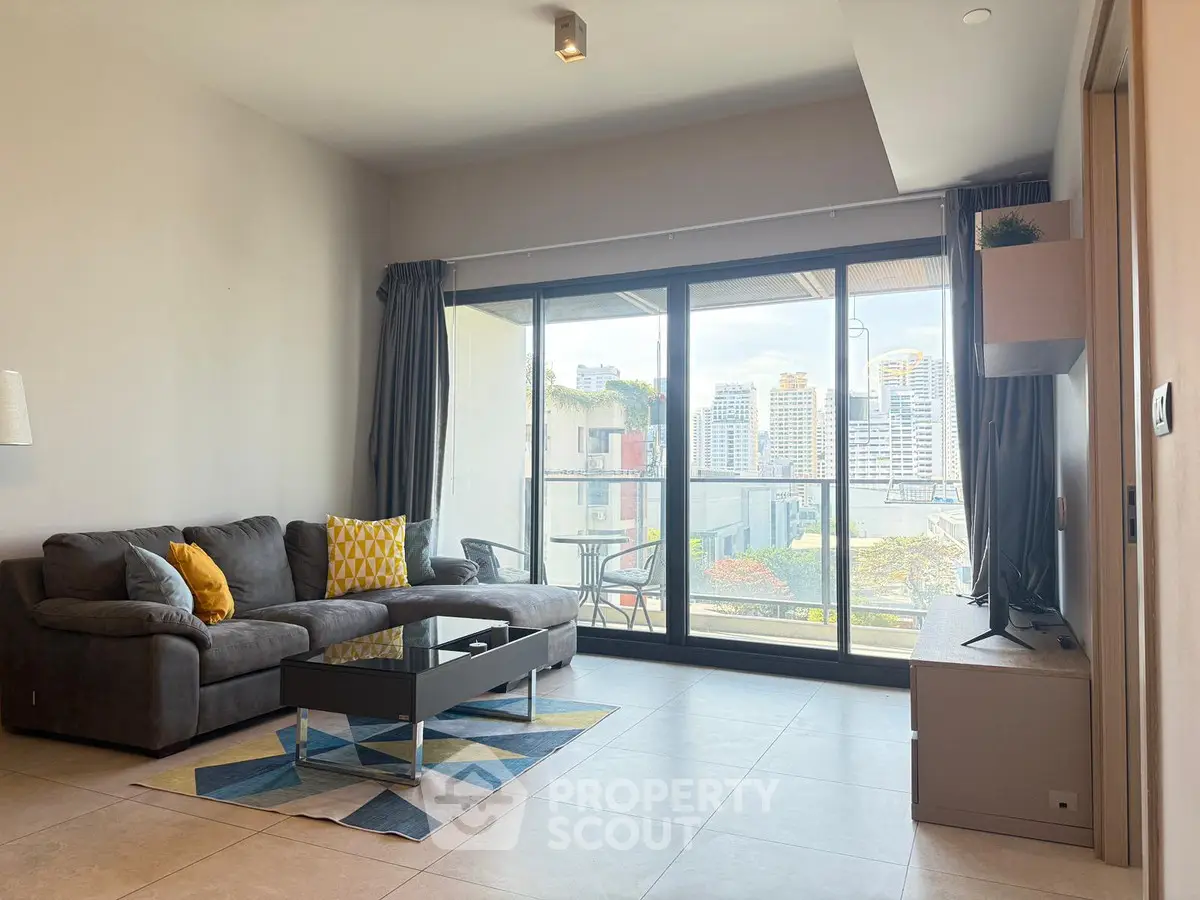 Modern living room with city view and stylish decor