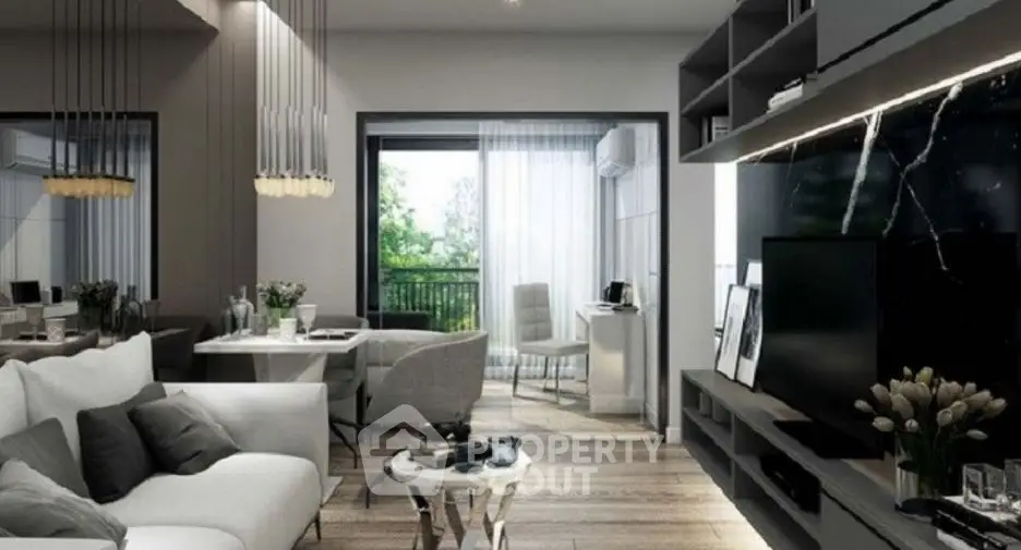 Modern living room with elegant decor and open balcony view