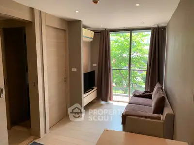 Modern living room with balcony view and natural light