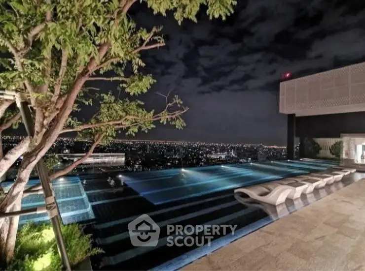 Luxurious rooftop infinity pool with stunning city skyline view at night.