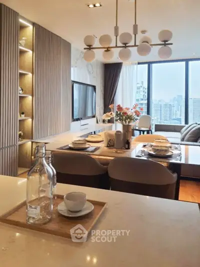 Luxurious open-plan living room with city view, modern decor, and elegant dining area.