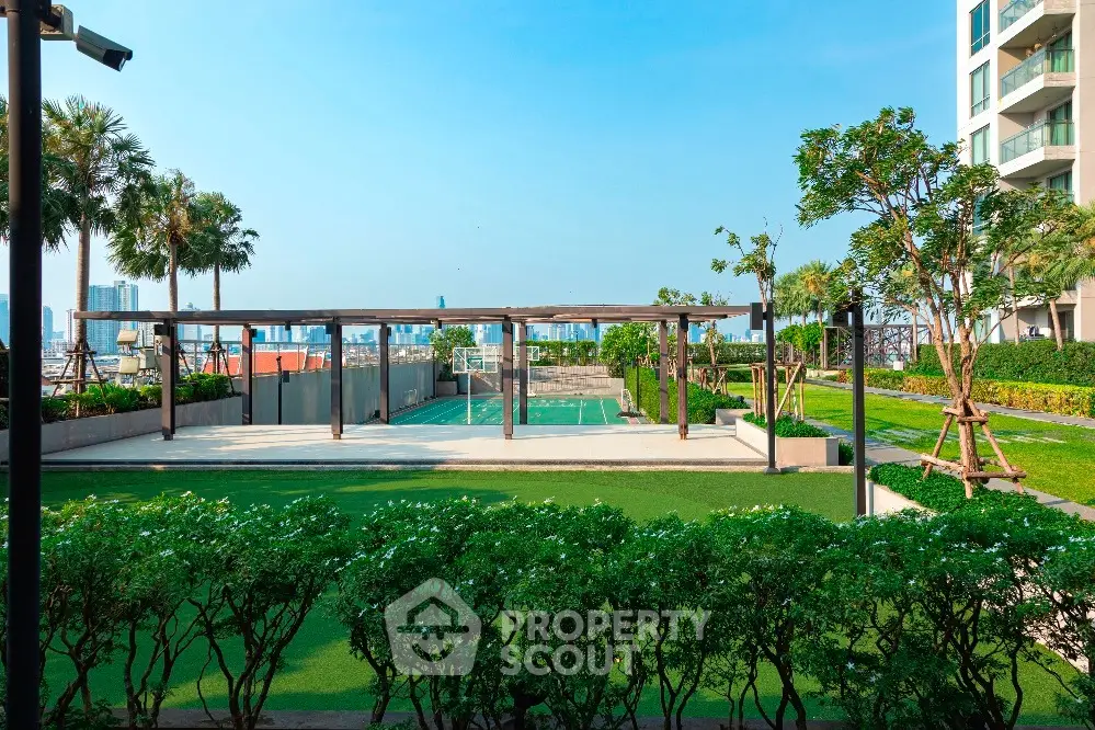 Luxurious rooftop garden with sports court and stunning city view