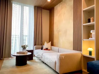 Modern living room with elegant sofa and floor-to-ceiling windows