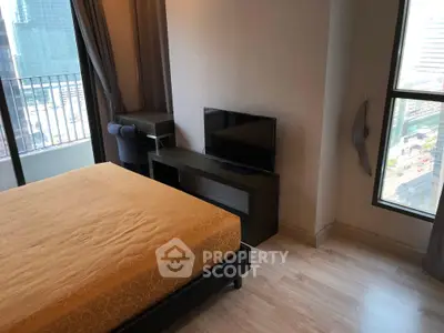 Modern bedroom with city view and sleek furnishings in high-rise apartment