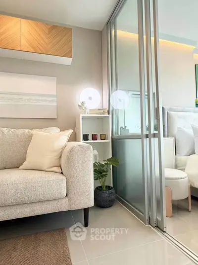Modern living room with cozy sofa and stylish decor in a bright apartment