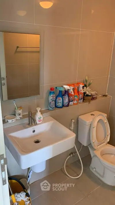Modern bathroom with sink, toilet, and cleaning supplies neatly arranged.