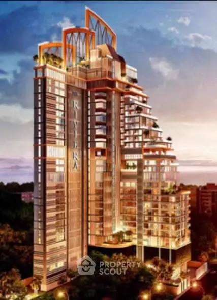 Luxurious high-rise building with modern architecture and stunning evening lighting.