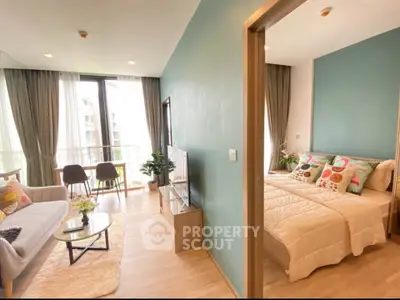 Modern apartment interior with cozy living room and stylish bedroom