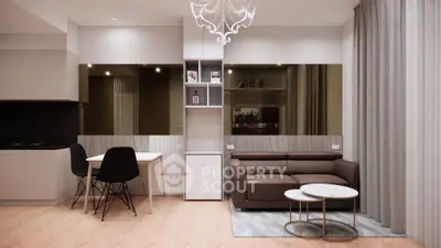Modern living room with elegant chandelier and cozy seating area