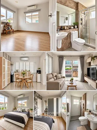 Modern interior design with spacious living room, elegant bedroom, stylish kitchen, and contemporary bathroom.