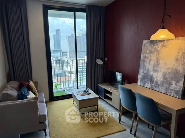 Modern living room with city view and stylish decor