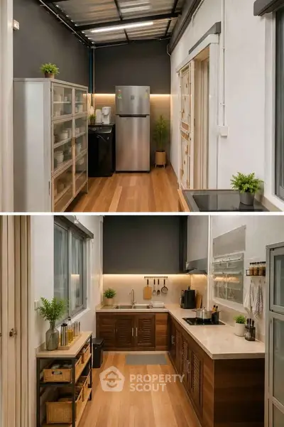 Modern kitchen with sleek design, featuring stainless steel appliances and elegant wooden cabinetry.