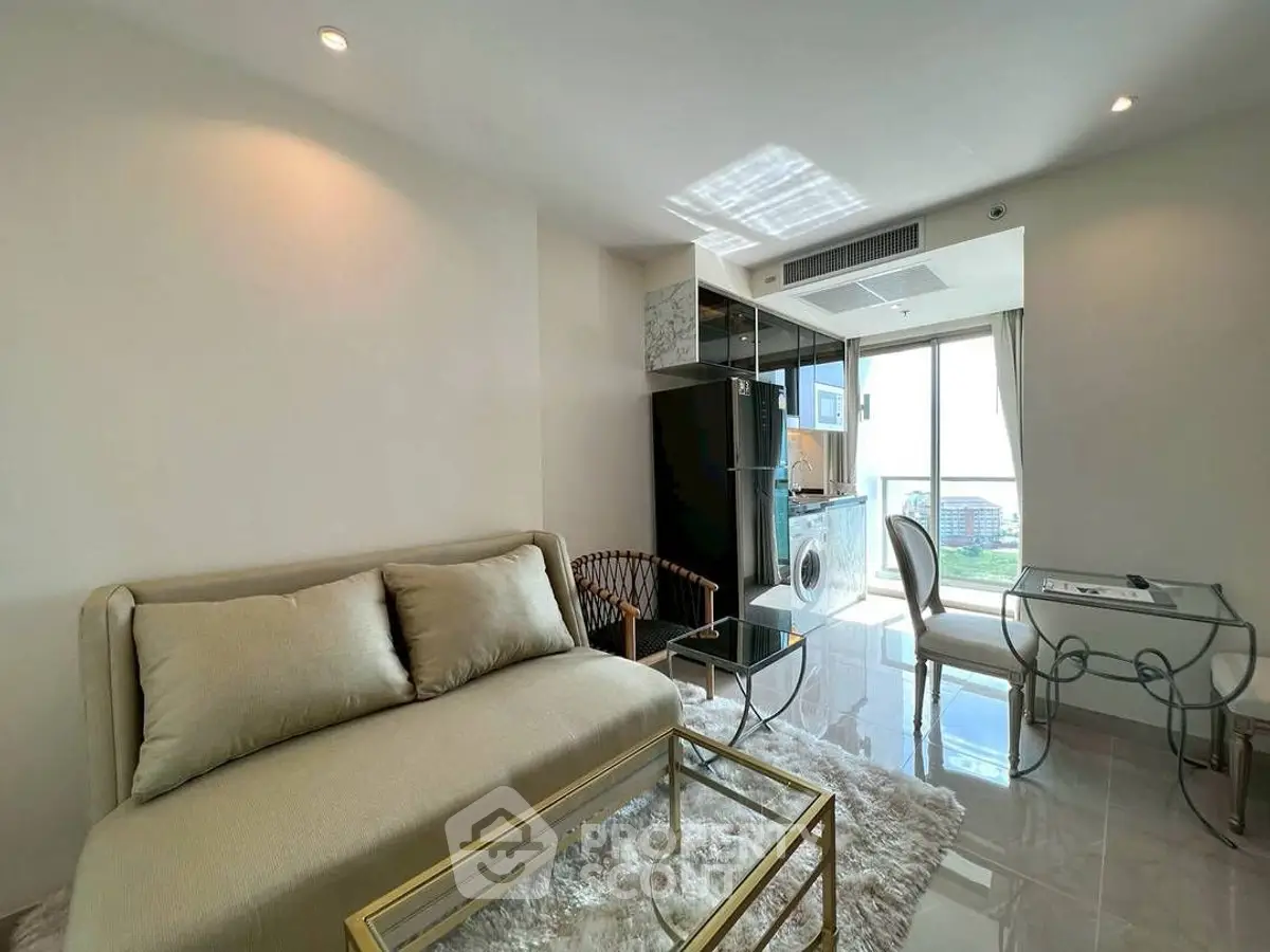 Modern living room with sleek furniture and city view